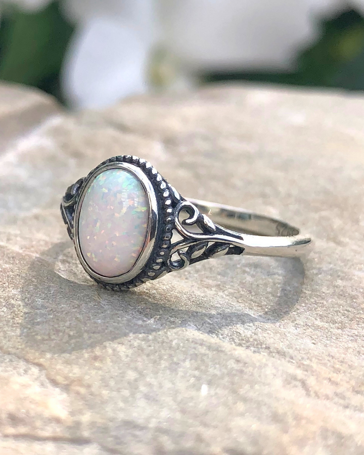 Sterling Silver Oval White Lab Opal Ring