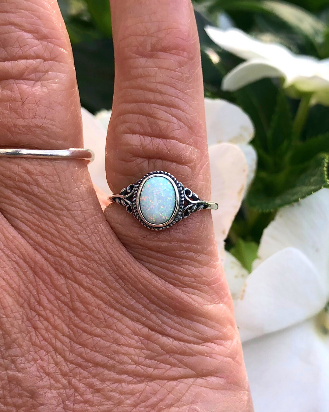 Sterling Silver Oval White Lab Opal Ring