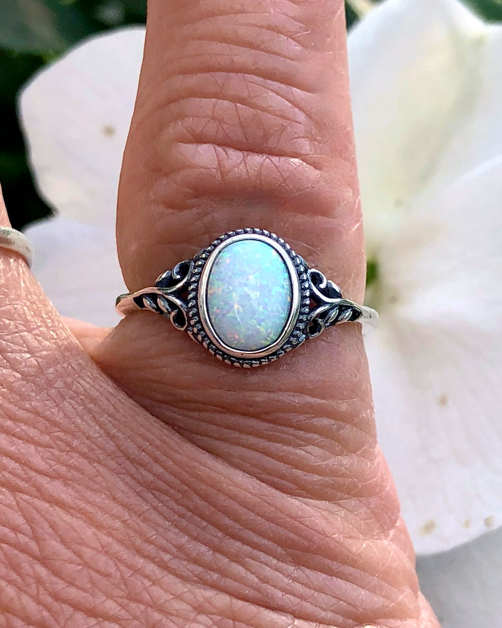 Sterling Silver Oval White Lab Opal Ring