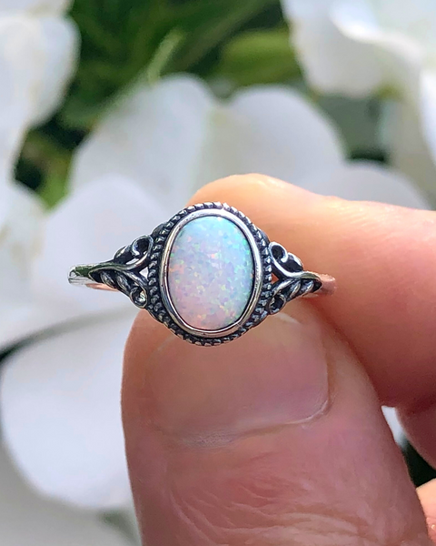 Sterling Silver Oval White Lab Opal Ring
