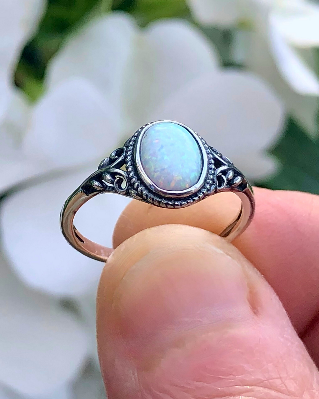 Sterling Silver Oval White Lab Opal Ring