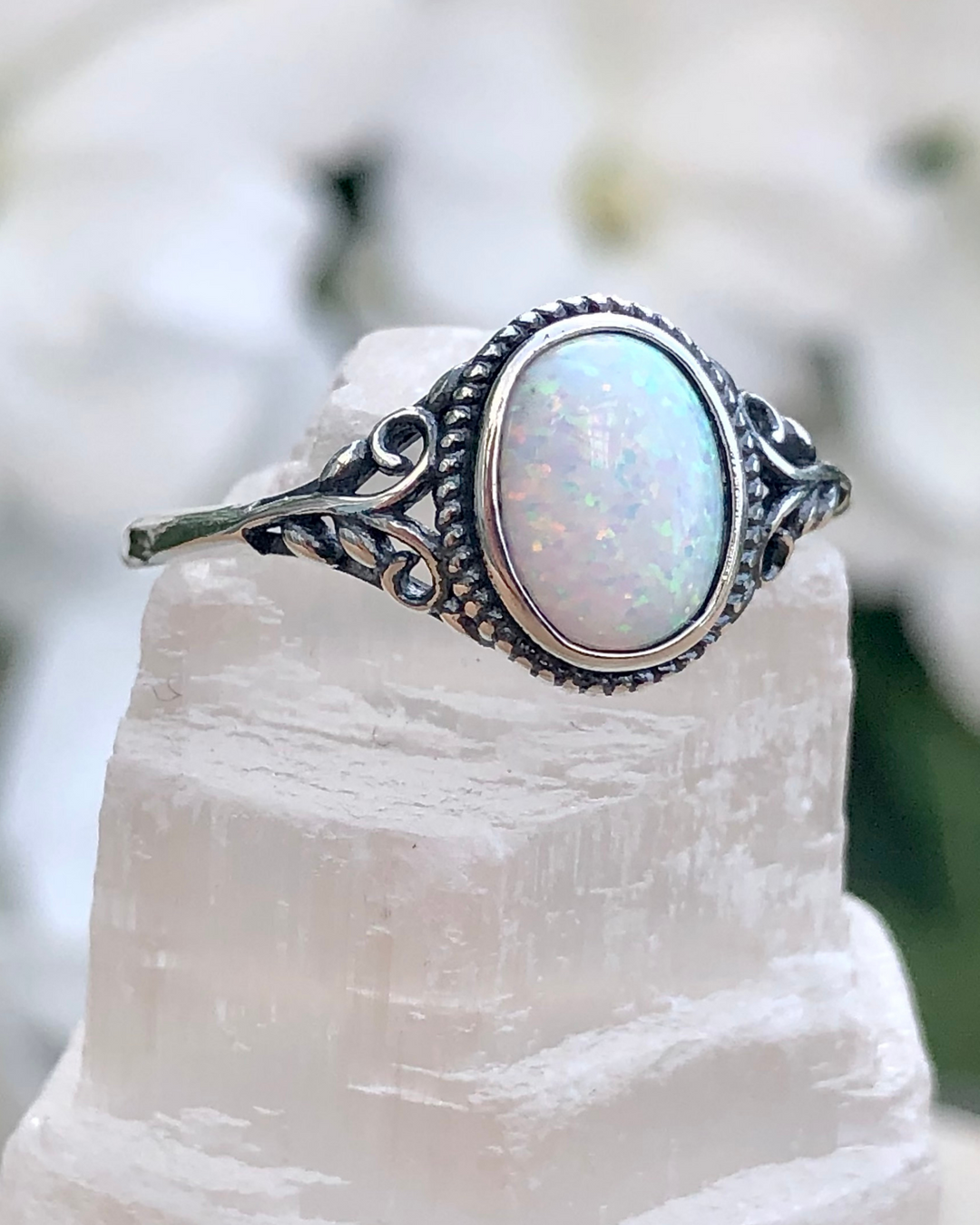 Sterling Silver Oval White Lab Opal Ring