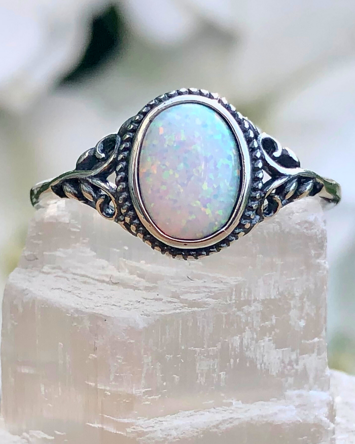 Sterling Silver Oval White Lab Opal Ring