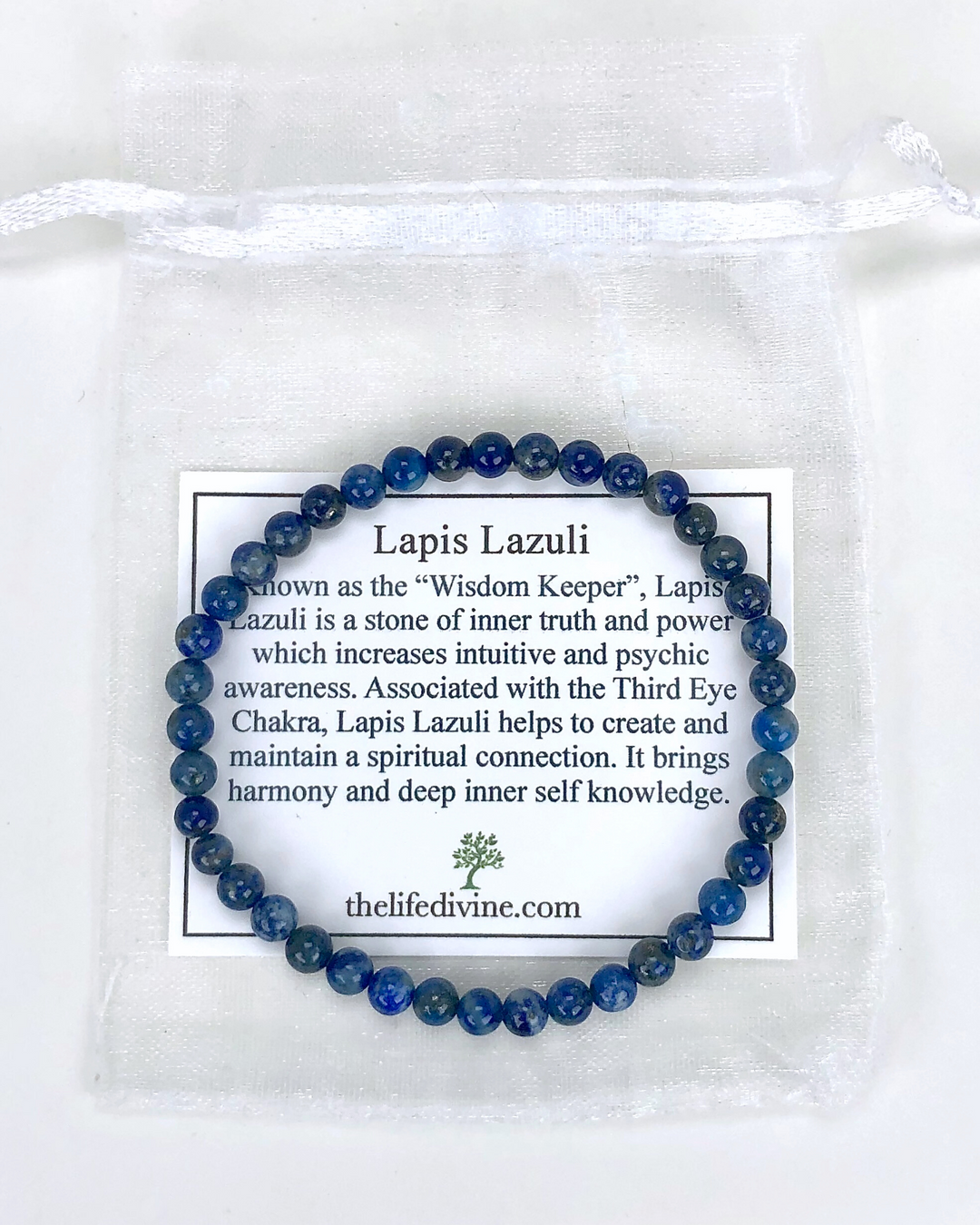 Lapis Lazuli 4mm Beaded Gemstone Bracelet with a description card.