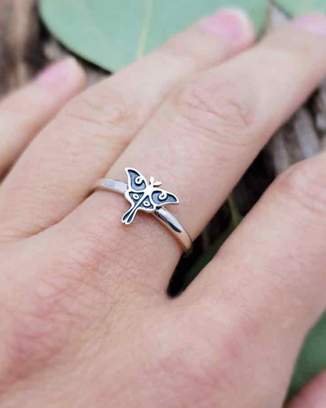 Luna Moth Ring on finger