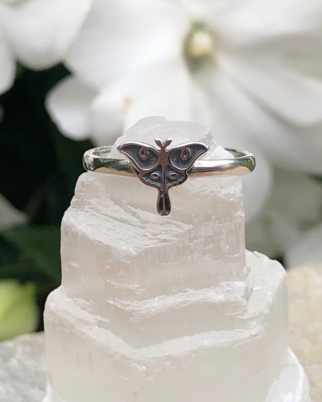 Luna Moth Ring on selenite stone