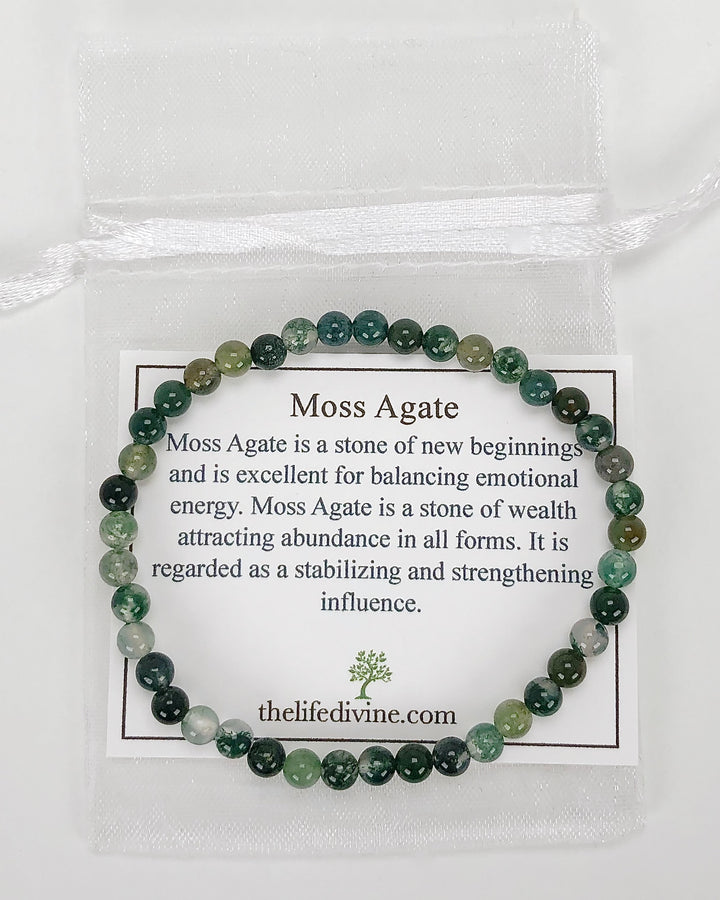 Men's Moss Agate 4mm Beaded Gemstone Bracelet with a description card