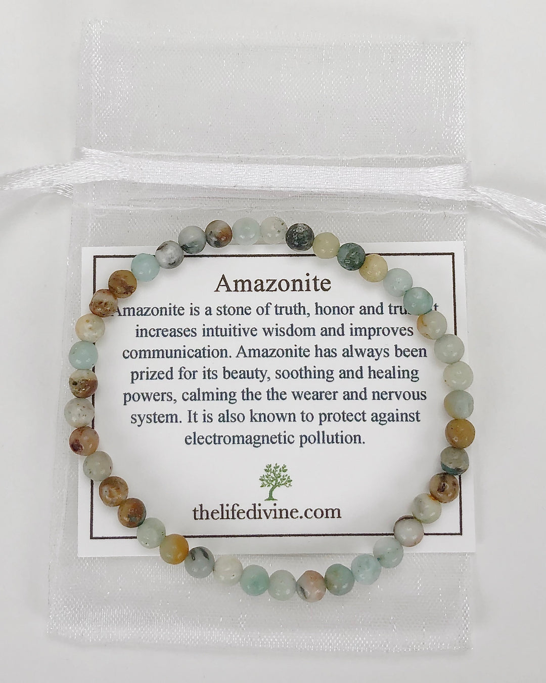 Men's Multi Amazonite 4mm Beaded Gemstone Bracelet with a description card.