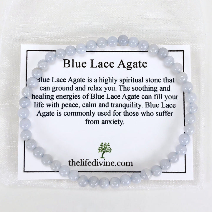 Men's Blue Lace Agate 4mm Beaded Gemstone Bracelet with description card.