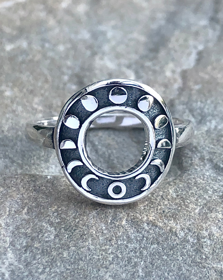 Moon Phases Circle Design Sterling Silver Ring