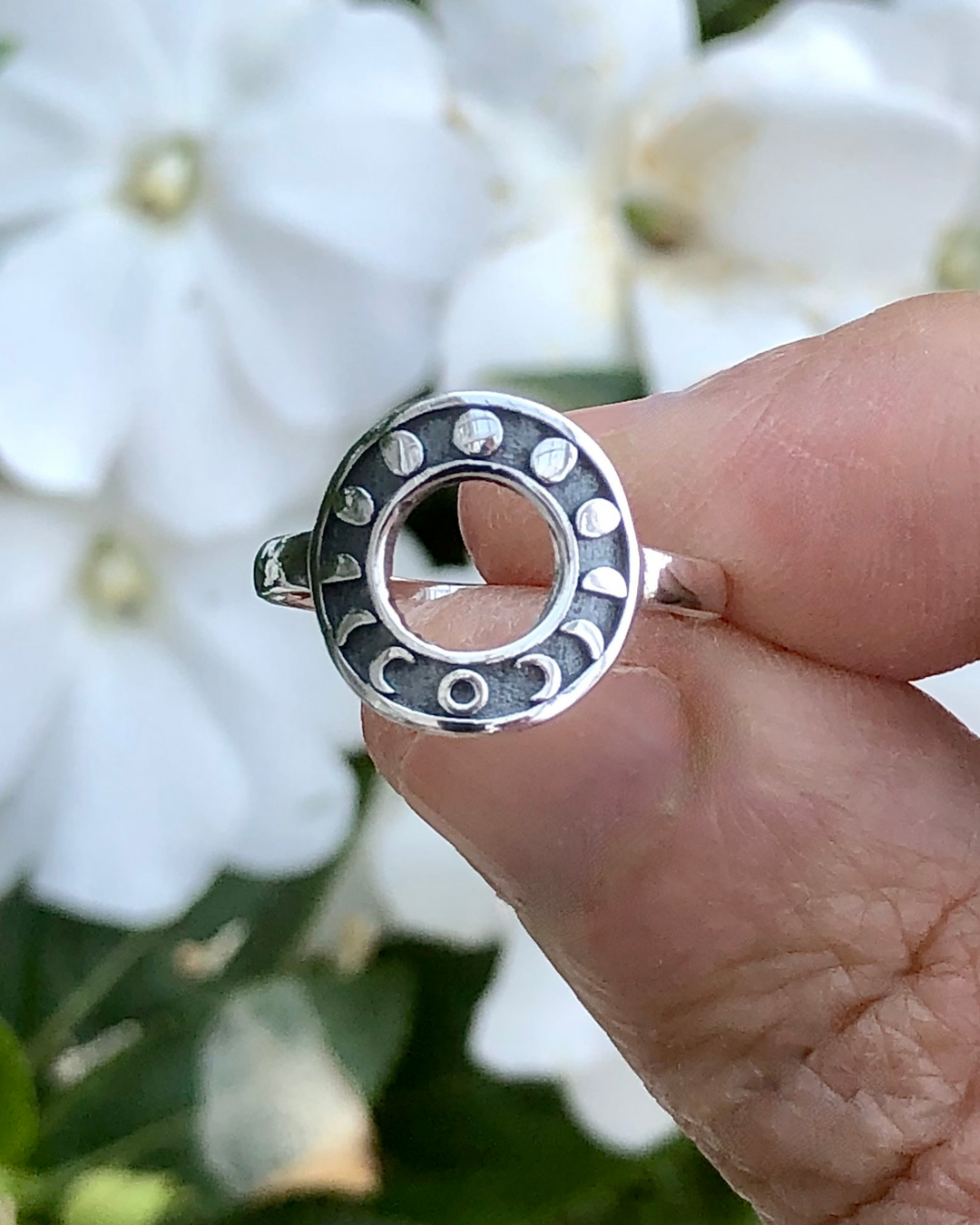 Moon Phases Circle Design Sterling Silver Ring