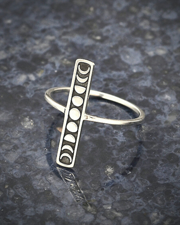 Moon Phases Silver Bar Ring