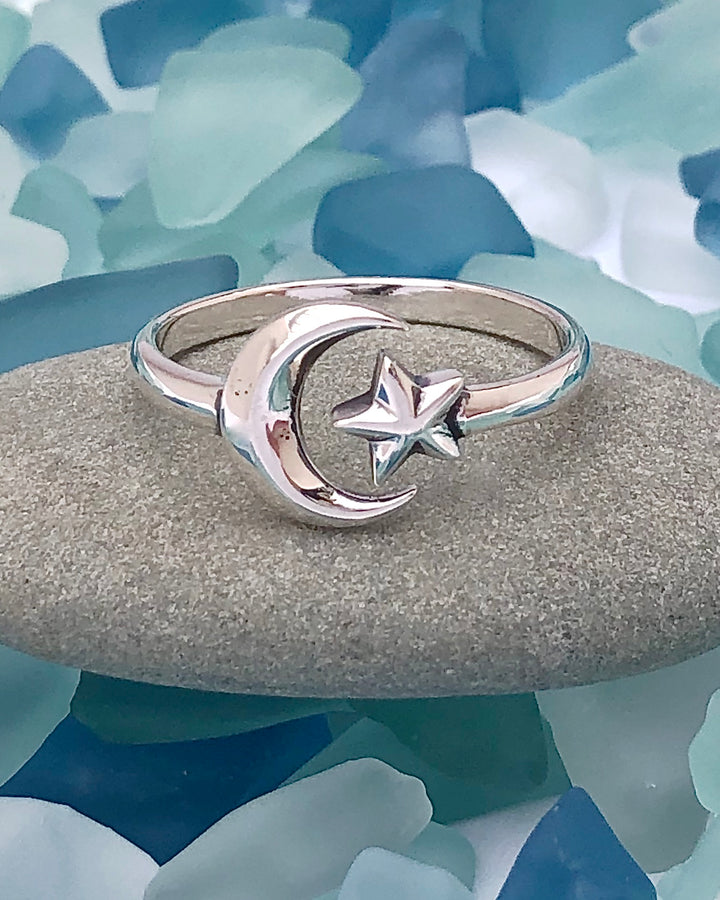 Sterling Silver Moon and Star Adjustable Ring