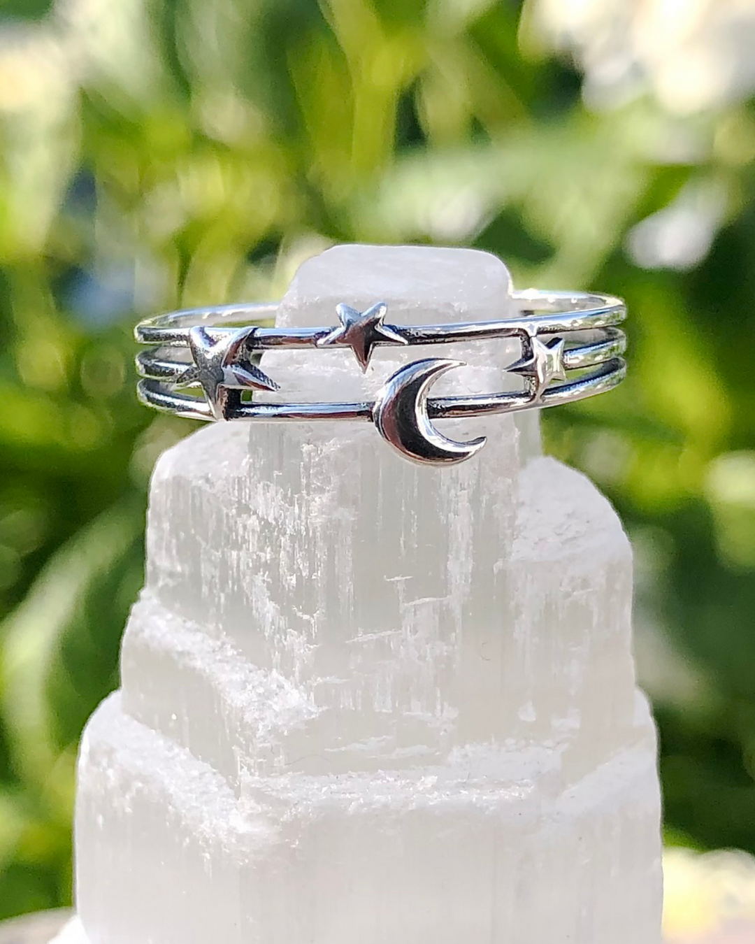 Moon and Stars Ring on selenite