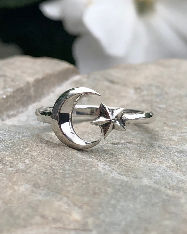 Sterling Silver Moon and Star Adjustable Ring