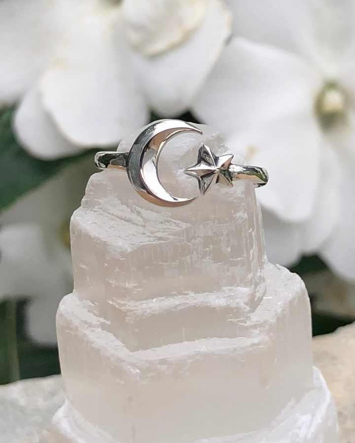 Sterling Silver Moon and Star Adjustable Ring