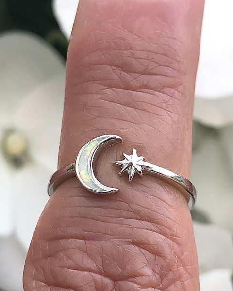 White Lab Opal Moon and Star Ring
