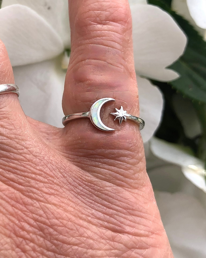 White Lab Opal Moon and Star Ring