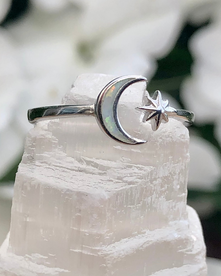 White Lab Opal Moon and Star Ring