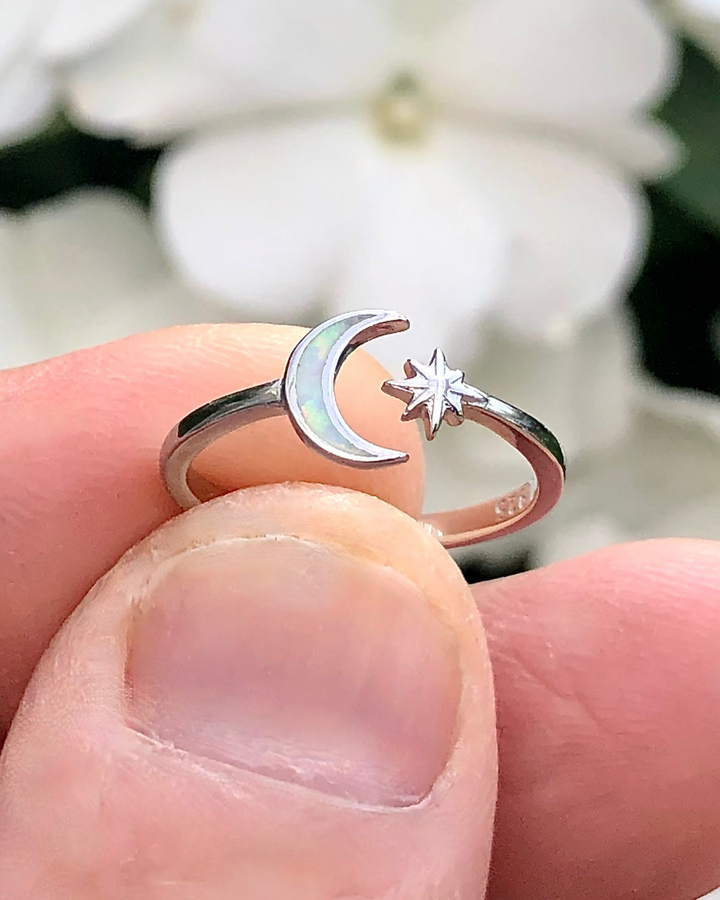 White Lab Opal Moon and Star Ring