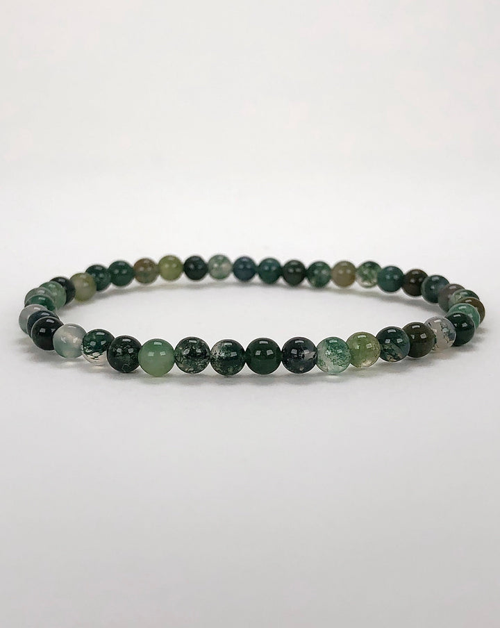 Moss Agate 4mm Beaded Gemstone Bracelet on a white background.