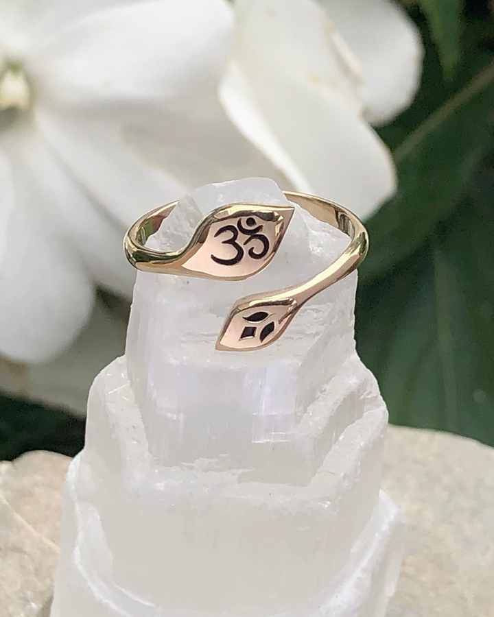 Om and Lotus Bronze Ring on selenite stone 