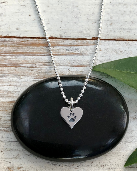 Silver Paw Print Heart Necklace