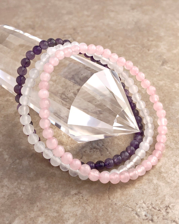 Peace and Compassion 4mm Beaded Gemstone Bracelet Set with Rose Quartz, Snow Quartz and Amethyst.