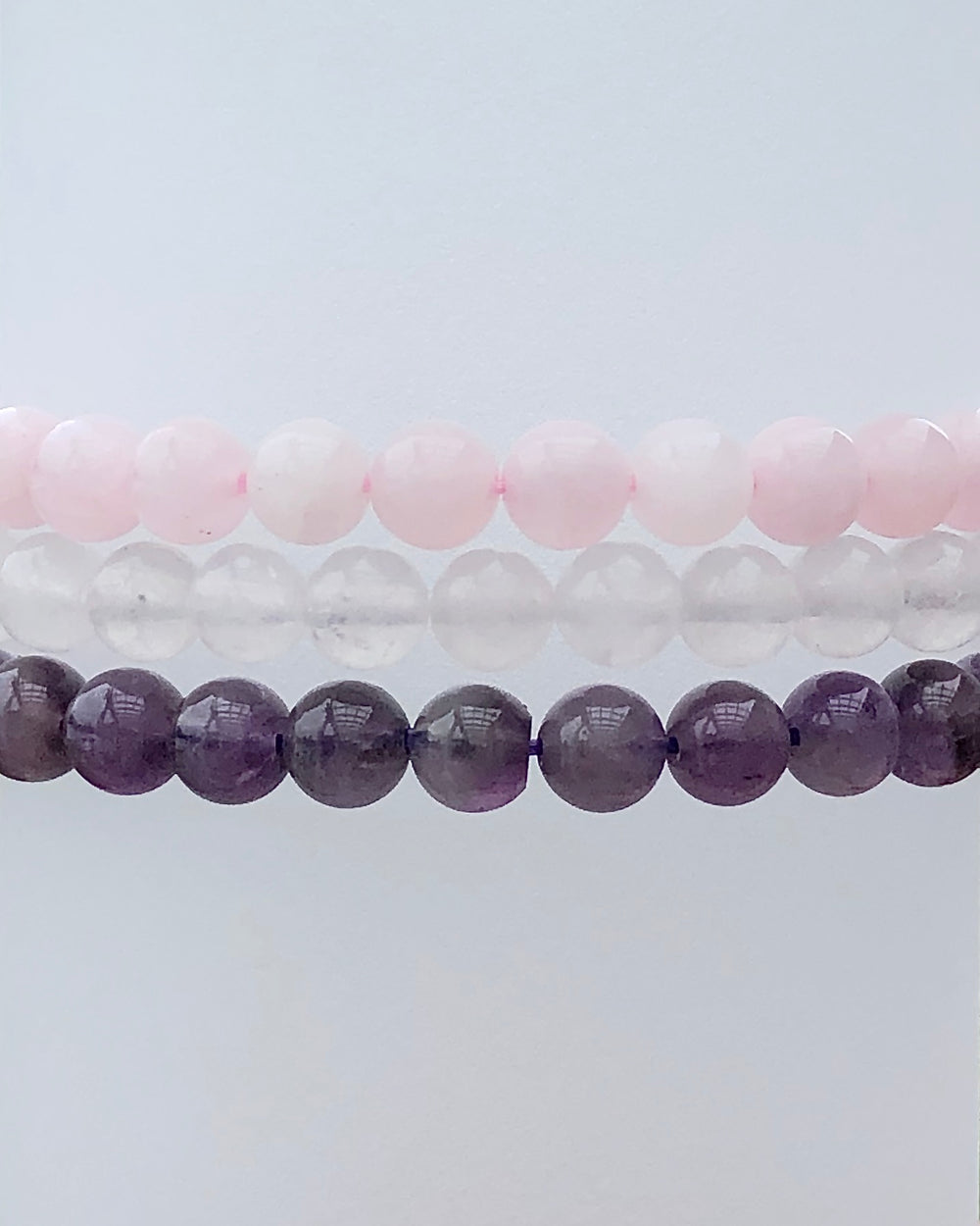 Rose Quartz, Snow Quartz and Amethyst 6mm Beaded Gemstone Bracelet Set for Peace and Compassion.
