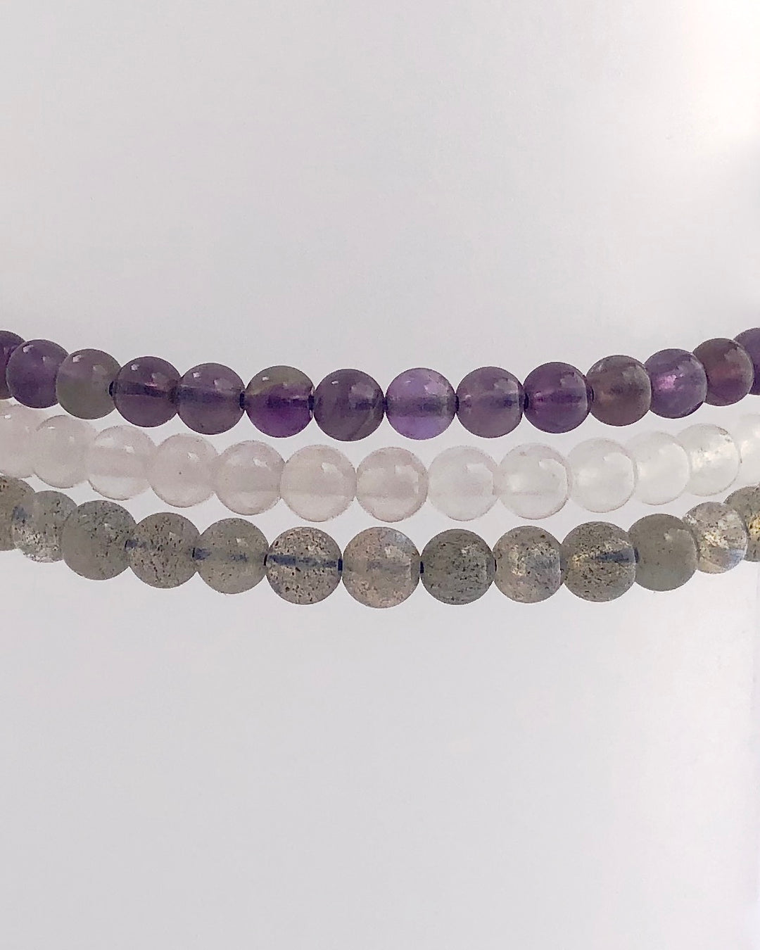 Amethyst, Snow Quartz and Labradorite 4mm beaded gemstone bracelet set