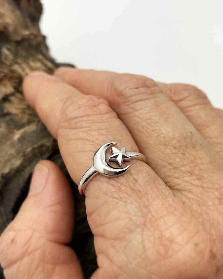 Sterling Silver Moon and Star Adjustable Ring