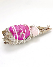 White Sage Torch with A Rose Petal and Rose Quartz Crystal
