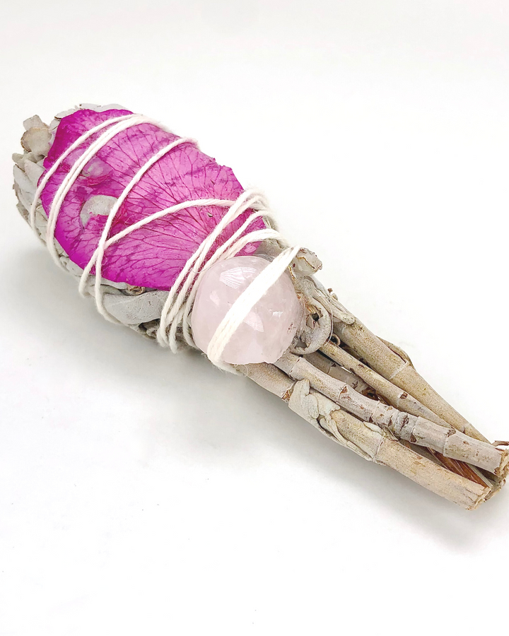 White Sage Torch with A Rose Petal and Rose Quartz Crystal