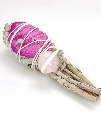 White Sage Torch with A Rose Petal and Rose Quartz Crystal