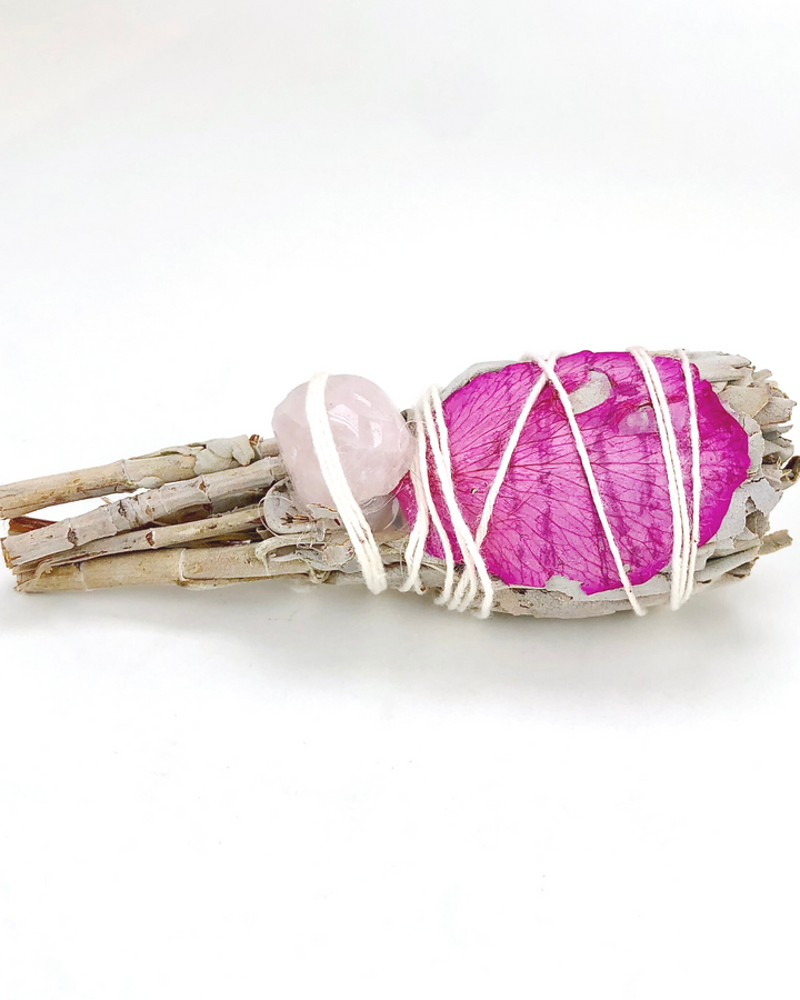 White Sage Torch with A Rose Petal and Rose Quartz Crystal