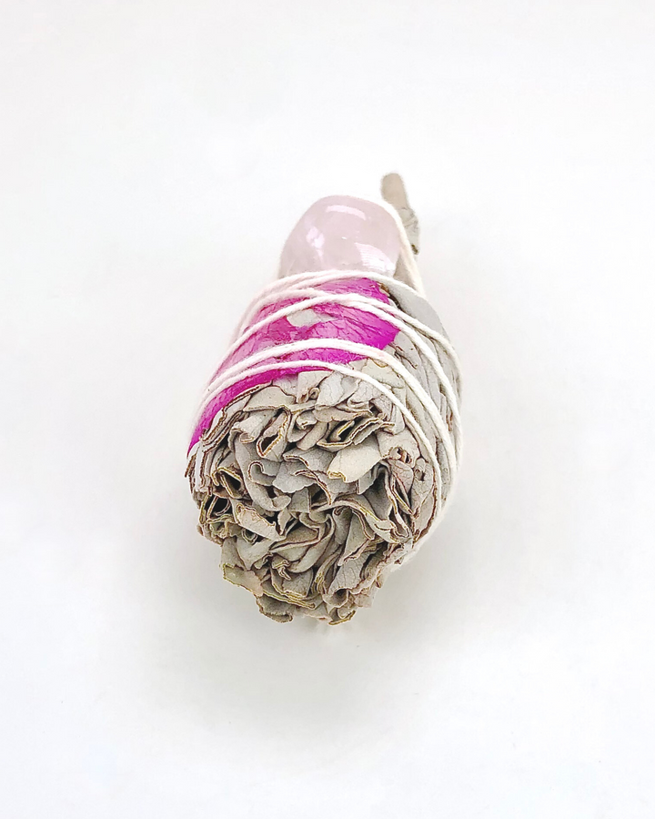 White Sage Torch with A Rose Petal and Rose Quartz Crystal