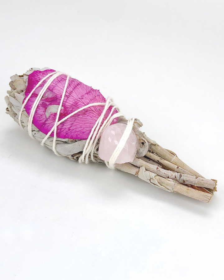 White Sage Torch with A Rose Petal and Rose Quartz Crystal