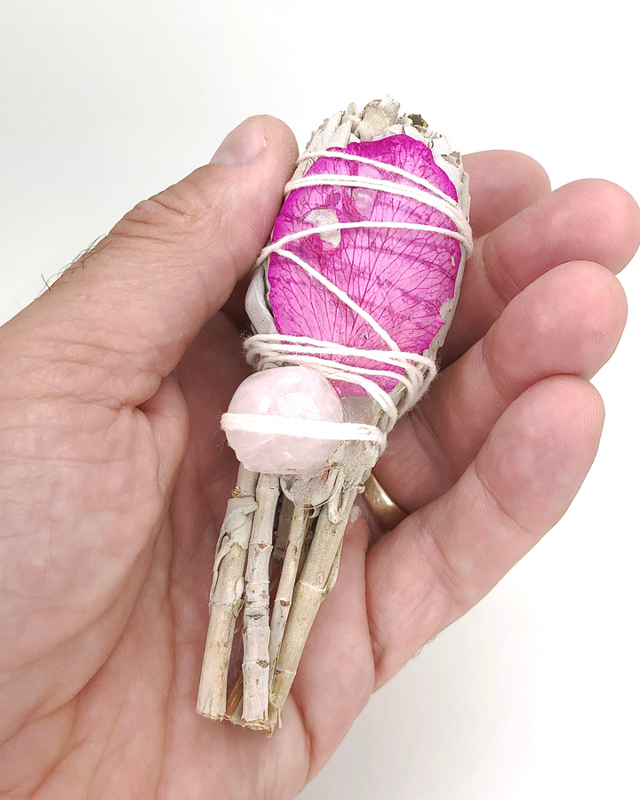 White Sage Torch with A Rose Petal and Rose Quartz Crystal