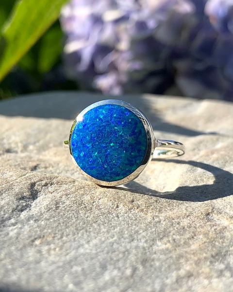 Sterling Silver Round Lab Opal Ring 