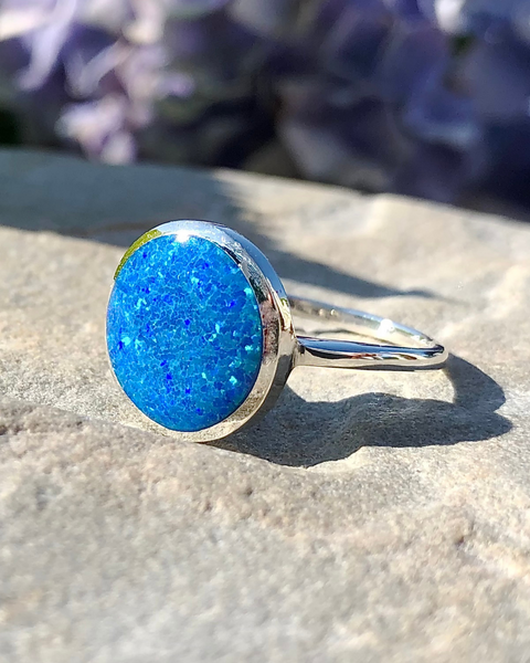 Sterling Silver Round Lab Opal Ring in Sun