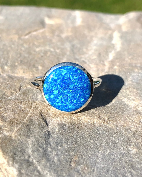 Sterling Silver Round Lab Opal Ring in Sun