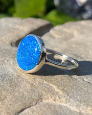 Side view of Sterling Silver Round Lab Opal Ring in Sun