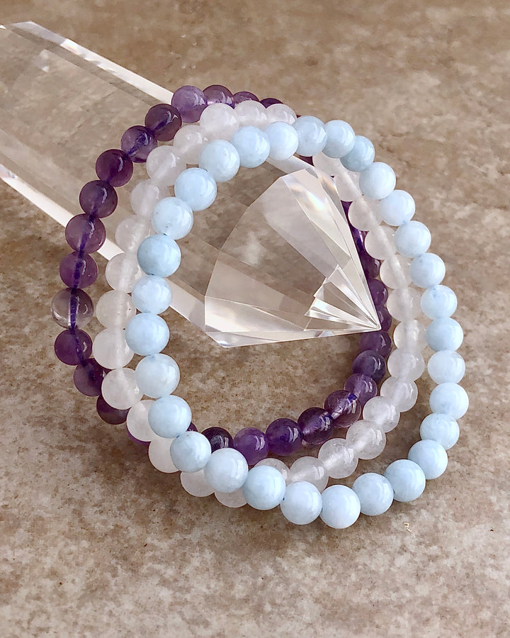 Lavender Amethyst, Snow Quartz and Aquamarine 6mm Beaded Gemstone Bracelet Set for Serenity and Wellness.