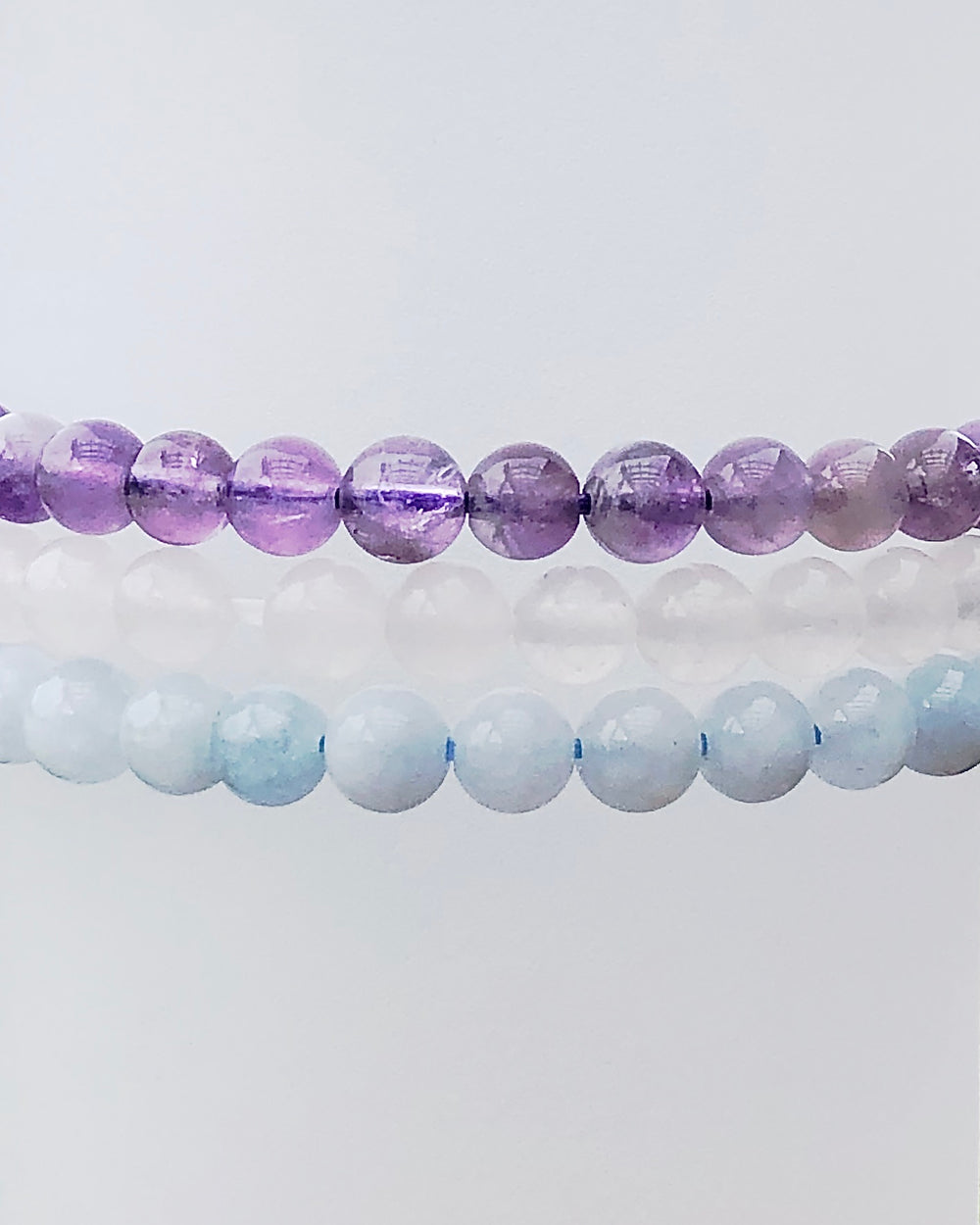 Lavender Amethyst, Snow Quartz and Aquamarine 6mm Beaded Gemstone Bracelets