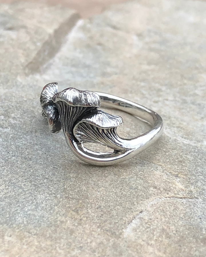 side shot of Sterling Silver Chanterelle mushroom ring