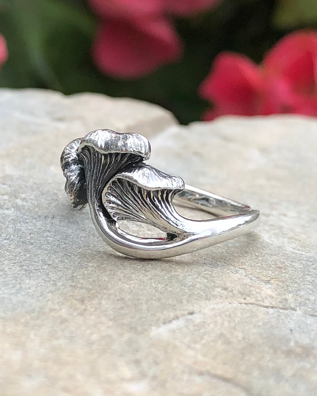 Sterling Silver Chanterelle mushroom ring side angle 