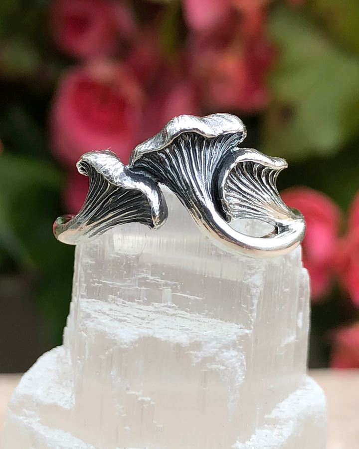 Sterling Silver Chanterelle mushroom ring on selenite