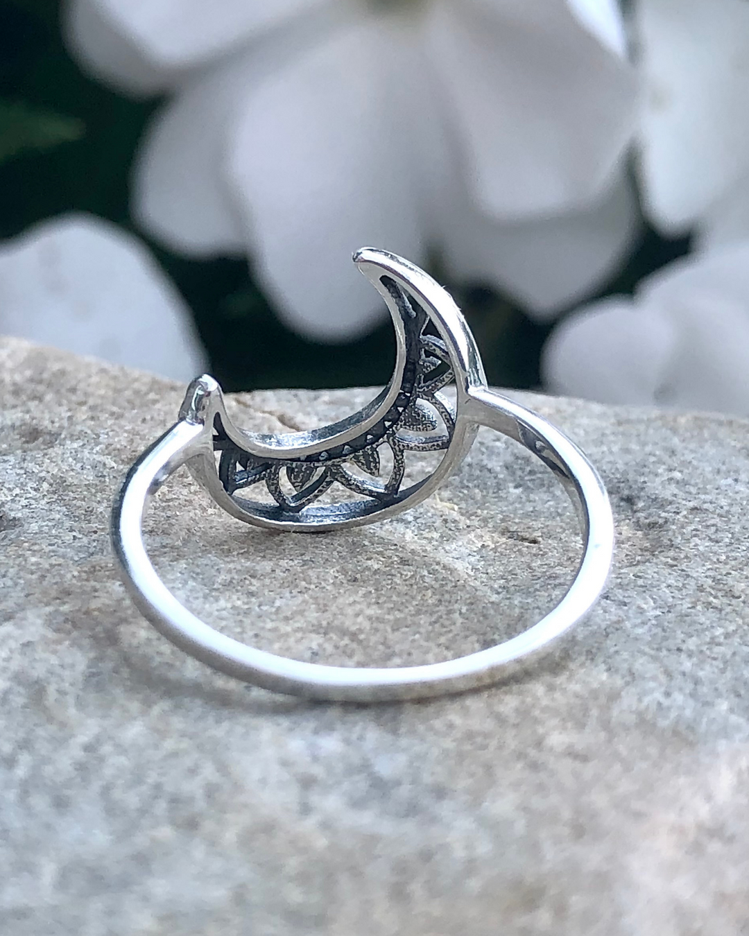 Silver Crescent Moon Ring back side