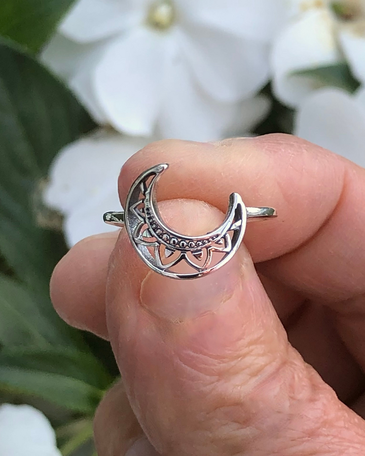 Silver Crescent Moon Ring close up