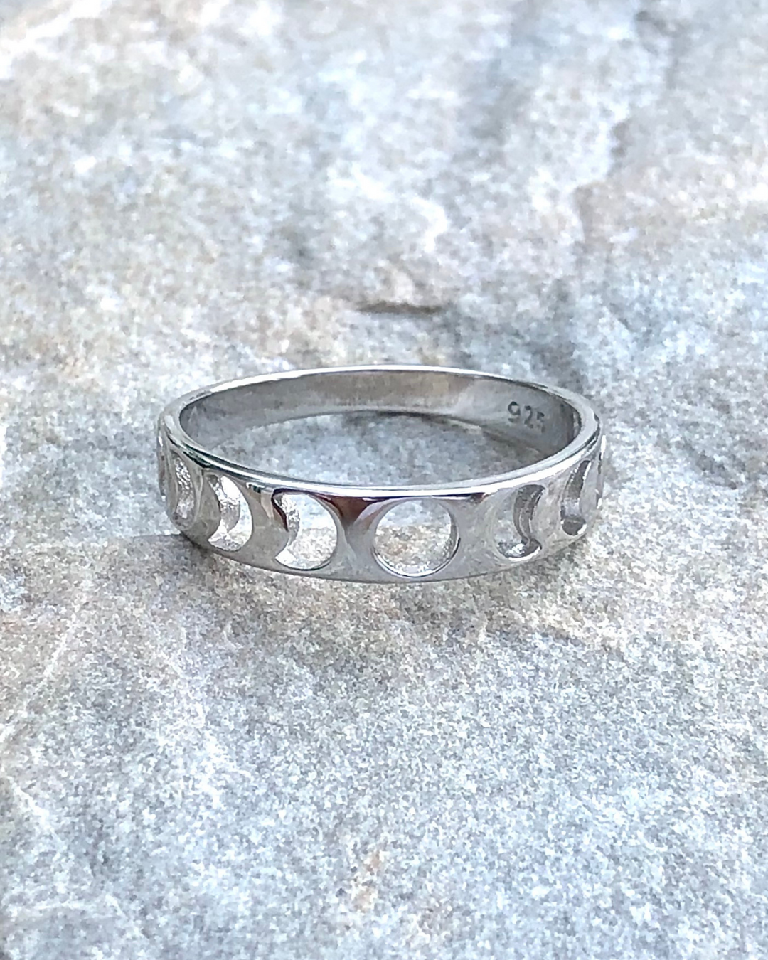 Silver Moon Phases Cut Out Ring on stone